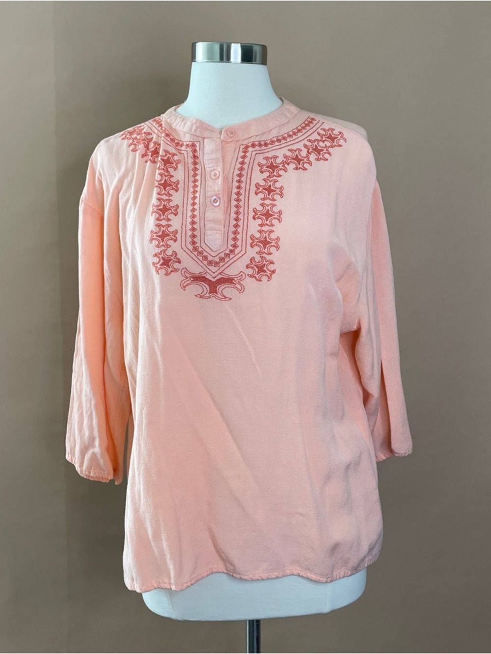 UNITI Caduals Peach Embroidered Tunic Blouse XL Boho Linen Blend